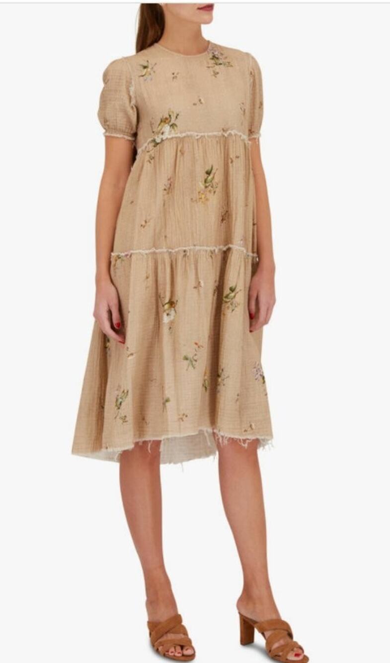 R13 Sz XS Shredded Relaxed Midi Dress Floral On Khaki